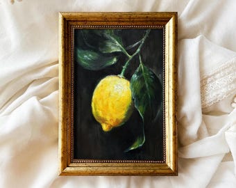 Lemon on Black Giclée Print, Colorful Fruit Kitchen Decor, Citrus Wall Art - Unframed