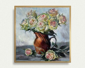 ROSES original oil painting bouquet of garden roses floral still life unframed