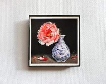 PEONY in chinese vase giclee print realistic botanical art 4 x 4" floral miniature FRAMED