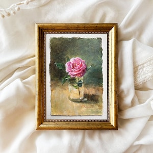 ROSE FLOWER original painting gallery wall art pink rose decor 4 x 6 botanical miniature field flower unframed image 1