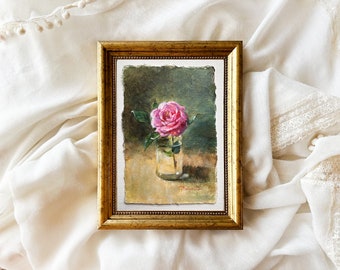 ROSE FLOWER original painting gallery wall art pink rose decor 4 x 6 botanical miniature field flower unframed