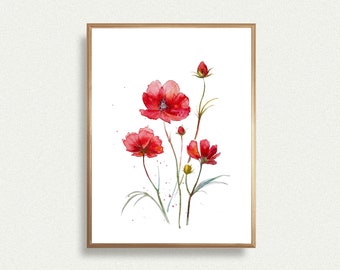 WATERCOLOR POPPY art print red flowers wall art botanical illustration