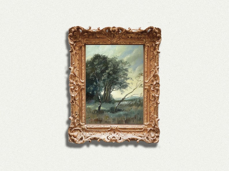 FRENCH LANDSCAPE original painting 6 x 8 vintage look wall art farmhouse decor tree painting image 2