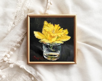 DAFFODIL miniature oil painting original 4"x4" yellow flower wall art still life mother's day gift housewarming