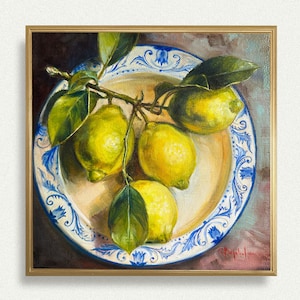 Lemons on vintage blue-white plate print, still life with citrus poster, unframed art