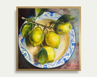 LEMONS on vintage blue - white plate art print still life citrus poster