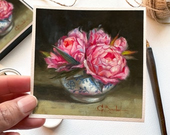 PEONIES in a vintage blue-white vase miniature fine art print realistic botanical oil painting print 4 x 4" FRAMED