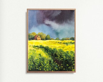 Watercolor meadows art print of original painting sky field barn wildflowers poster rural minimalist landscape