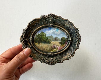 Summer Landscape Painting - Original Art, Miniature Framed Vintage-Looking Nature Scene