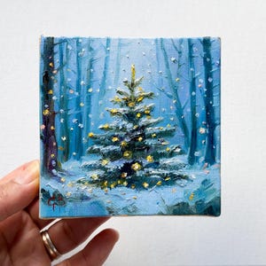 Miniature Christmas Tree Oil Painting, Festive Winter Canvas Art, Small Holiday Wall Decor