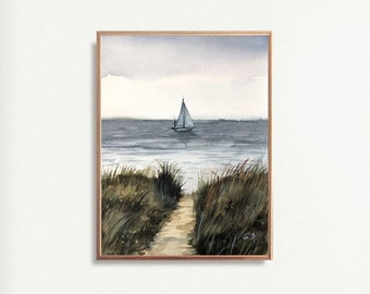 SAILBOAT fine art print from original painting watercolor seascape landscape in grey green tones UNFRAMED