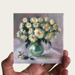 ROSES original painting miniature floral art bouquet of roses in vase gallery wall art small botanical painting unframed image 2