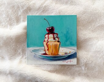 CHERRY CUPCAKE oil painting original art for kitchen colorful still life food decor home gift unframed