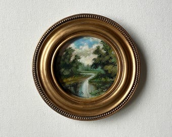Miniature River Landscape Oil Painting - Framed Vintage-style Wall Decor, Rustic Country Scene