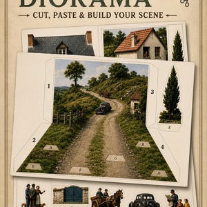 Puede incluir: Un kit de manualidades titulado VINTAGE DIORAMA CUT PASTE BUILD que presenta un paisaje impreso con un camino de tierra, árboles y un coche. La hoja incluye figuras recortables etiquetadas de la A a la G, incluyendo personas y una carreta.
