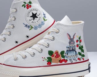 Custom Embroidered Converse Sneakers: Strawberry Rabbit Design
