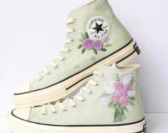 Sage Green Converse Chuck Taylor 1970s: Custom Floral Embroidered Bridal Sneakers
