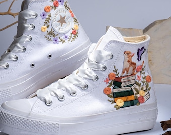 Embroidered Converse High Top Shoes, Bookish Floral Design, Graduation Gift