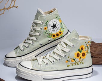 Embroidered Sunflower Converse: Sage Green Floral Sneakers