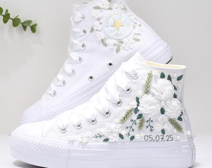 Custom Embroidered Converse Wedding Sneakers: Bridal Flower Shoes