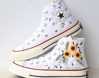Custom Embroidered Sunflower Converse Sneakers: Bridal Wedding Shoes