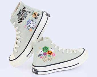 Custom Embroidered Converse Sneakers, 1970s Chuck Taylor, Halloween Ghost, Pumpkin Shoes