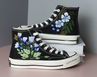 Custom Converse Purple Flowers And Mountain, Embroidered Converse Chuck Taylors, Embroidered Logo Mountain, Mountain Embroidered Design