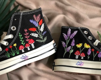 Embroidered Converse High Tops: Flowers & Mushrooms Sneakers