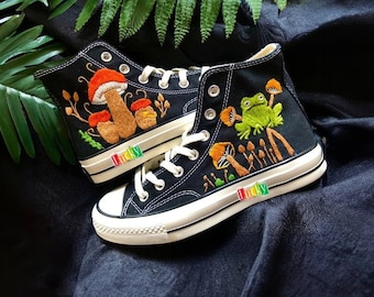 Embroidered Converse High Tops: Frog, Flower & Mushroom Sneakers