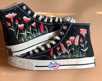 Cockscomb Flower Embroidered Converse: Custom High Top Sneakers