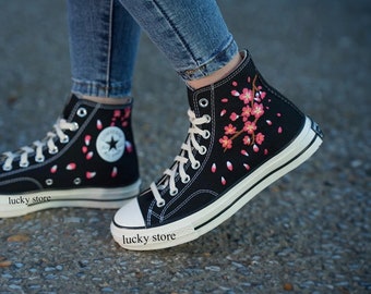 Embroidered Cherry Blossom Converse High Tops: Custom Floral Sneakers