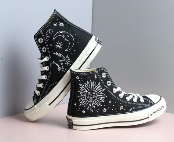 Custom Embroidered the Moon and the Sun Sneakers, Converse Chuck