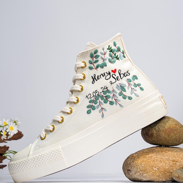 Bridal Embroidered Sneakers: Custom Wedding Converse Shoes, Floral Design