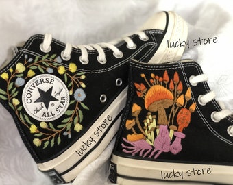 Embroidered Converse High Tops: Flowers and Mushrooms, Bridal Sneakers