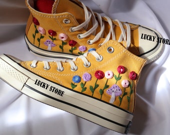 Embroidered Converse High Tops: Flowers & Mushrooms, Custom Bridal Shoes