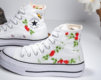 Strawberry Embroidered Converse Sneakers: Bee Design, Customized Shoes