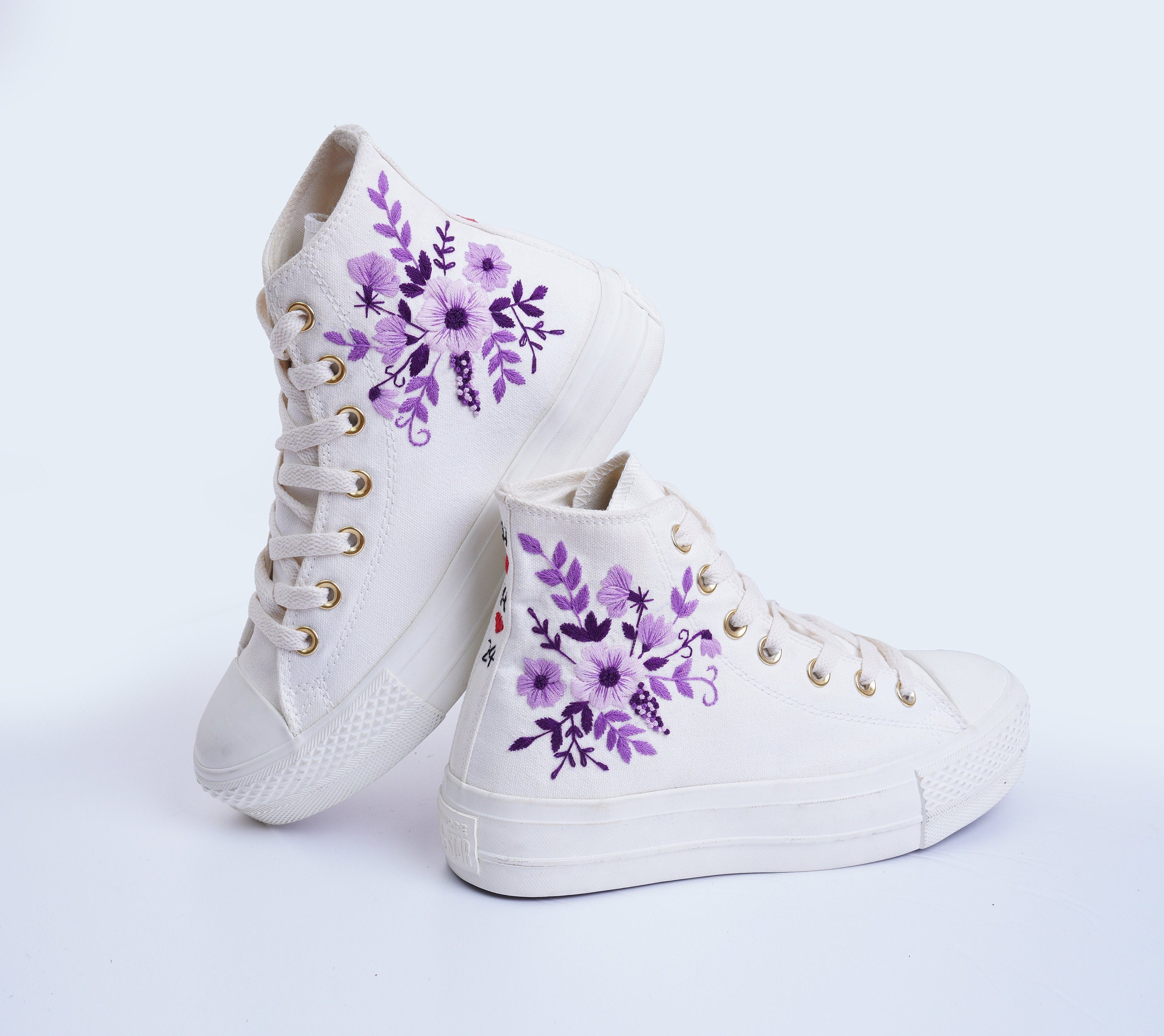 Custom Wedding Converse Platform Bridal Flower Embroidered Shoes Converse Shoes Embroidered With Purple Wedding Bouquets Bridesmaid Shoes