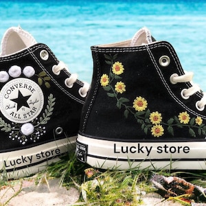 Hand Embroidered Shoes, Custom Converse Chuck Taylor 1970s Embroidered Flower, Personalized Wedding Name and Date, Unique Gift for Her
