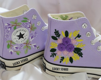 Zapatillas converse de bordado personalizado/Zapatos bordados de flores de novia/Converse púrpura chuck taylor 1970s/Fecha y nombre de boda personalizados