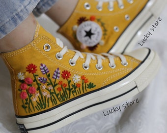 Embroidered converse/ Flower embroidered sneakers/ Converse yellow high tops / Custom embroidered flower Converse/ Gift for daughter