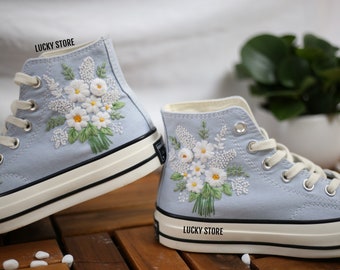 Custom embroidery Converse sneakers/ Bridal flower embroidered shoes / Converse armoury blue chuck taylor 1970s/ Personalized wedding date