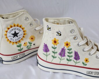 Embroidery converse/ Custom embroidered sunflowers and bees sneakers/ Converse high tops/ gift for daughter/ Shoes for the bride