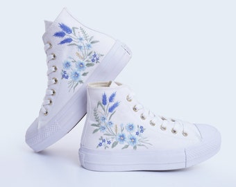 Custom Embroidered Floral Wedding Sneakers: Personalized Bridal Platform Shoes