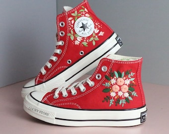 Bordado personalizado boda converse flores zapatos bordados/Converse rojo chuck taylor 1970s bordado/Flores nupciales zapatillas bordadas