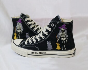 Embroidered Converse Sneakers, Witch, Cat, Halloween Theme