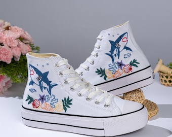 Custom Embroidered Converse Sneakers: 1970s Shark, Ocean Vibes