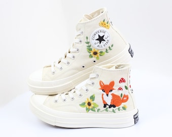 Custom Embroidered Converse Shoes: Fox, Mushrooms, Sunflowers