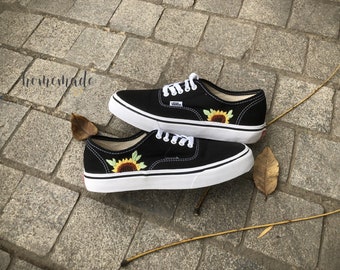 Embroidered Wedding Slip on Vans | Custom Wedding Shoes | Hand Embroidered Personalized Bridal Shoes/Embroidered Sun Flower | Custom Slip on black embroidered vans