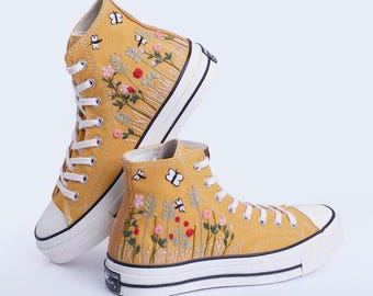 Embroidered Converse with Wildflowers & Butterflies – Nature-Inspired Custom Sneakers, Hand-Embroidered Floral Shoes, Gift For Birthday