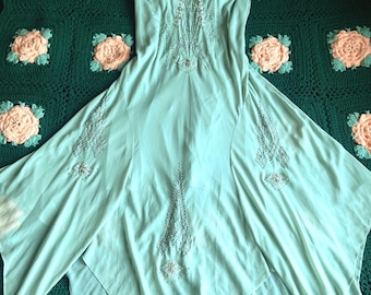 Vestido vintage de sirena con cuentas y hada verde salvia Y2K de los años 90, nuevo, talla 18